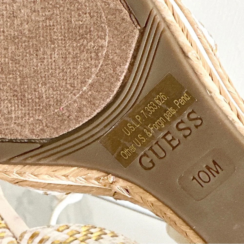 Guess Gace Platform Wedge Sandal 10 Metallic Gold and White Woven T-Straps